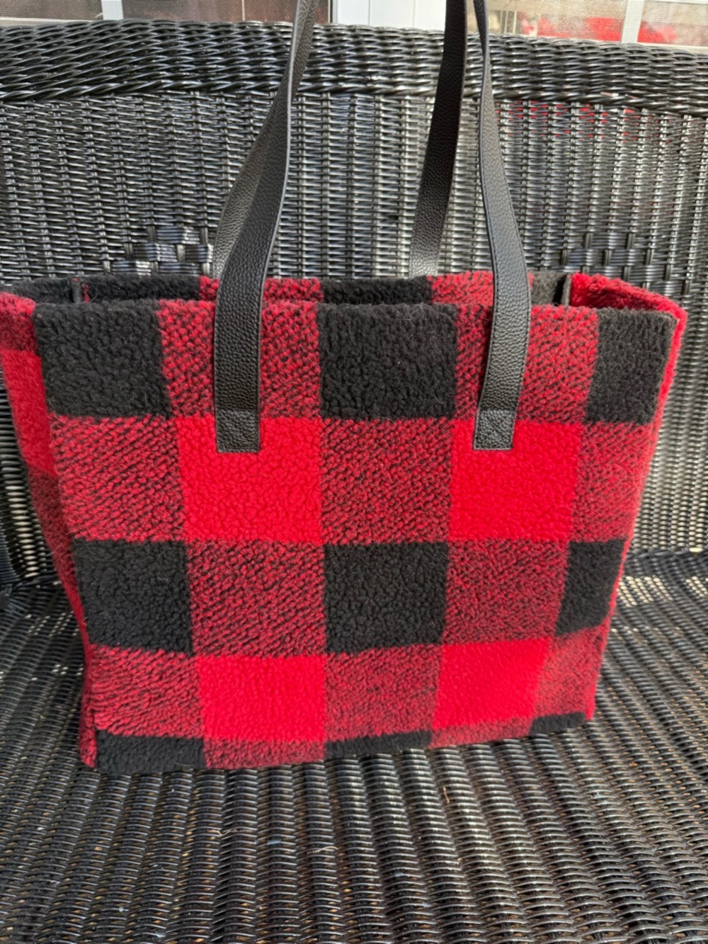B&N Red Buffalo Plaid Sherpa Tote Cozy Winter Bag Large Holiday Carryall